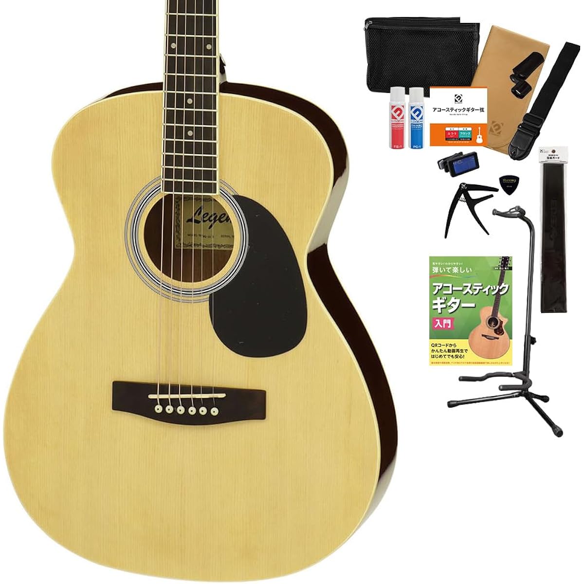 LEGEND FG-15 N Acoustic Guitar, 15-piece Select Set with Textbook and Maintenance Supplies, Beginner Set, OOO Size, Legend