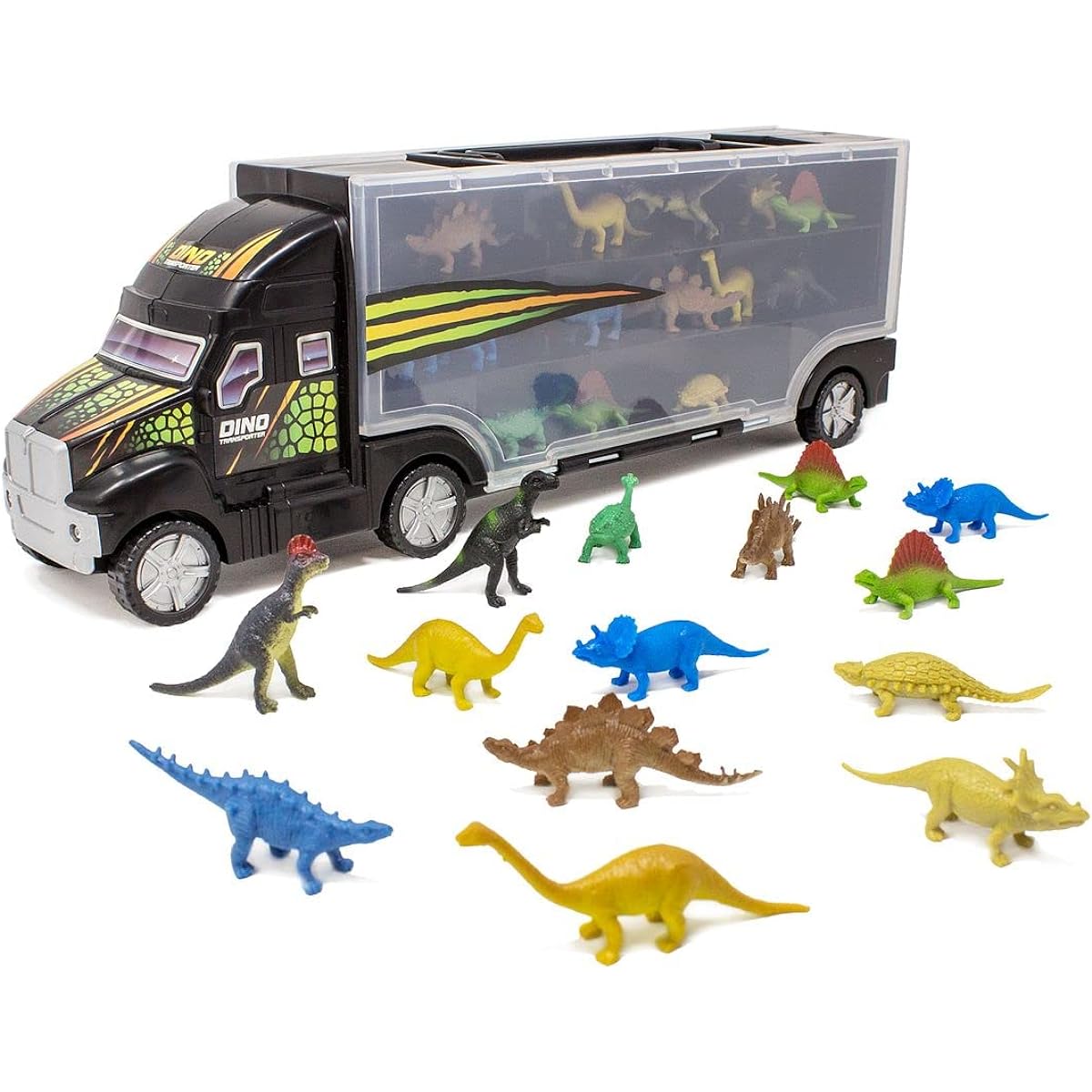(Dino Trailer) - Boley 41cm Dinosaur Transport Truck Carrier 14 Piece - Mini Dino Figures with Semi Truck Trailer Toy - Loadable Miniature Dinosaurs with Portable Truck and Collapsible Easy to Hold Handle