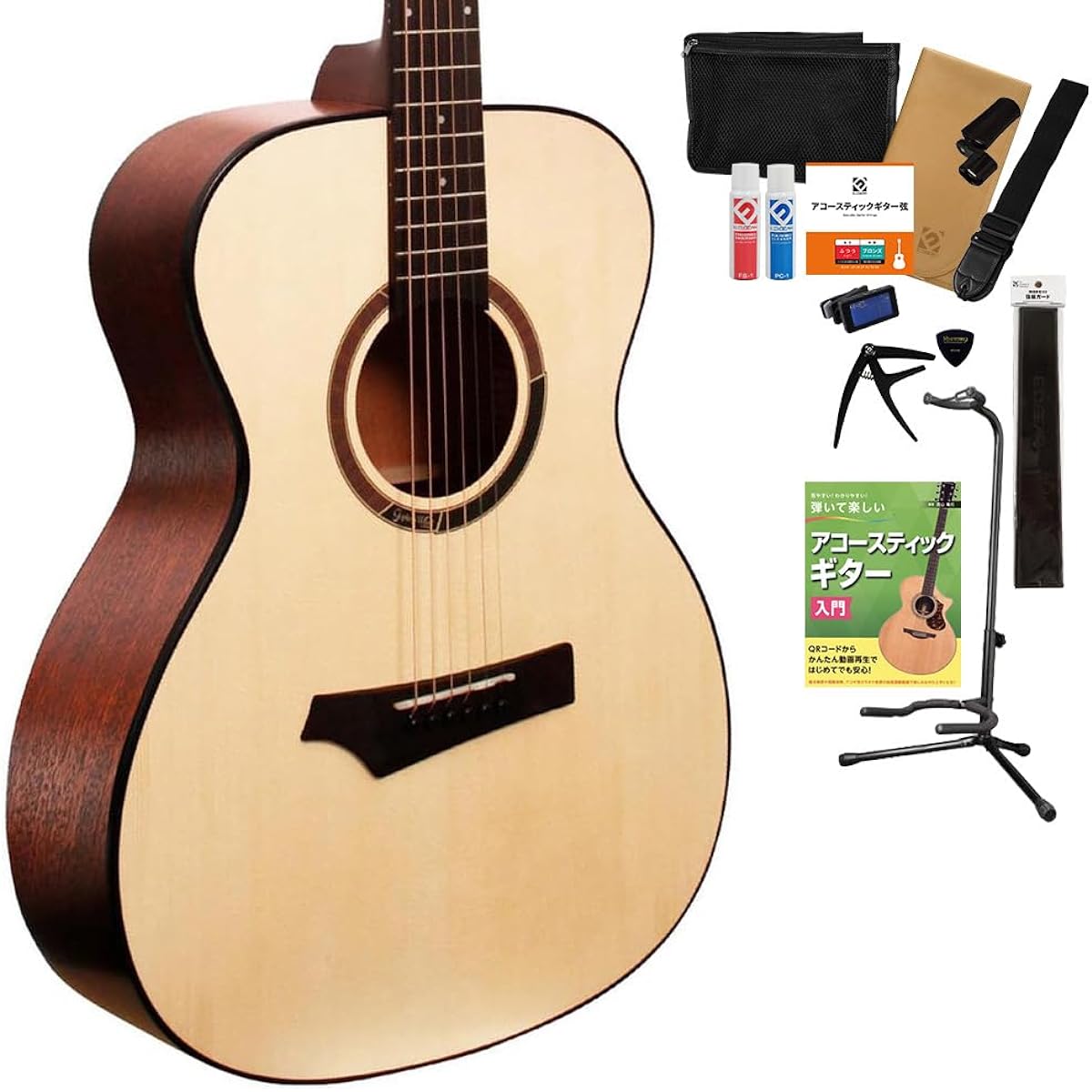 Gopher Wood Guitars i110 Acoustic Guitar 15-piece Select Set with Textbook and Maintenance Supplies Beginner Set OOO Size Gopher Wood Guitars