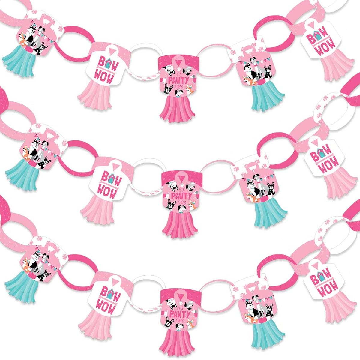 Big Dot of Happiness Pawty Like a Puppy Girl - 90 Chain Links and 30 Paper Tassels Decoration Kit - Pink Dog Baby Shower or Birthday Party Paper Chain Garland - 21 Feet