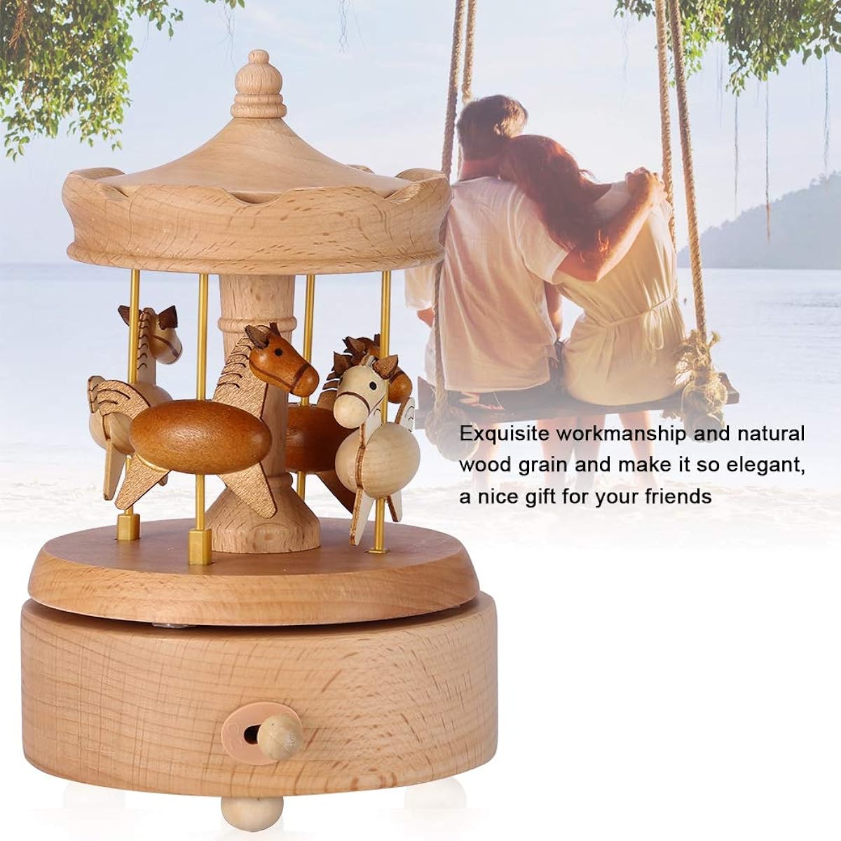 GLOGLOW Carousel Music Box Natural Beech Wood 4 Horse Rotating Tree Clockwork Music Box Children Girls Friend Birthday