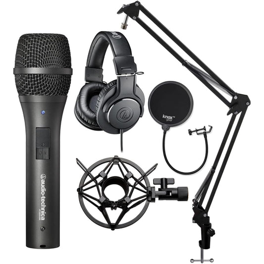 Audio-Technica AT2005USB Cardioid Dynamic Microphone and ATH-M20X Professional Headphones Bundle with Knox Gear Desktop Boom Arm Microphone Stand, Shock Mount and Pop Filter (4 Items)