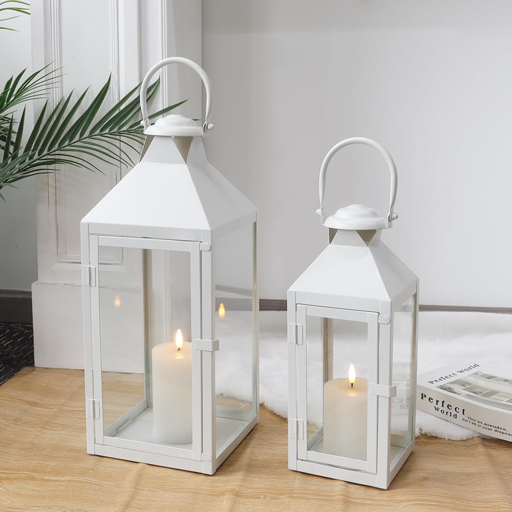 JHY DESIGN Set of 2 Candle Holders Height 45/24cm Retro Style Metal Candle Lantern Stylish Indirect Lighting Windproof Antique Candle Stand Indoor/Outdoor Lighting Stylish Interior Goods Bar Office Room Wedding Birthday Christmas Present (White)