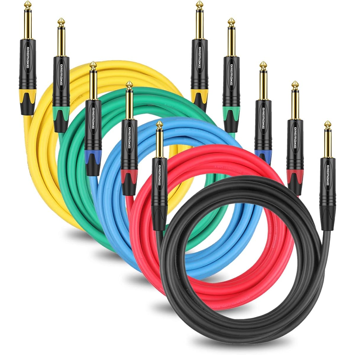 DREMAKE 5 Pack 6ft TS 1/4"~1/4" Guitar Instrument Effect Pedal Patch Cable 1/4" (6.35mm) Audio Amplifier Cord for Bass Electric Guitar Straight to Straight 1/4" Mono jack cord