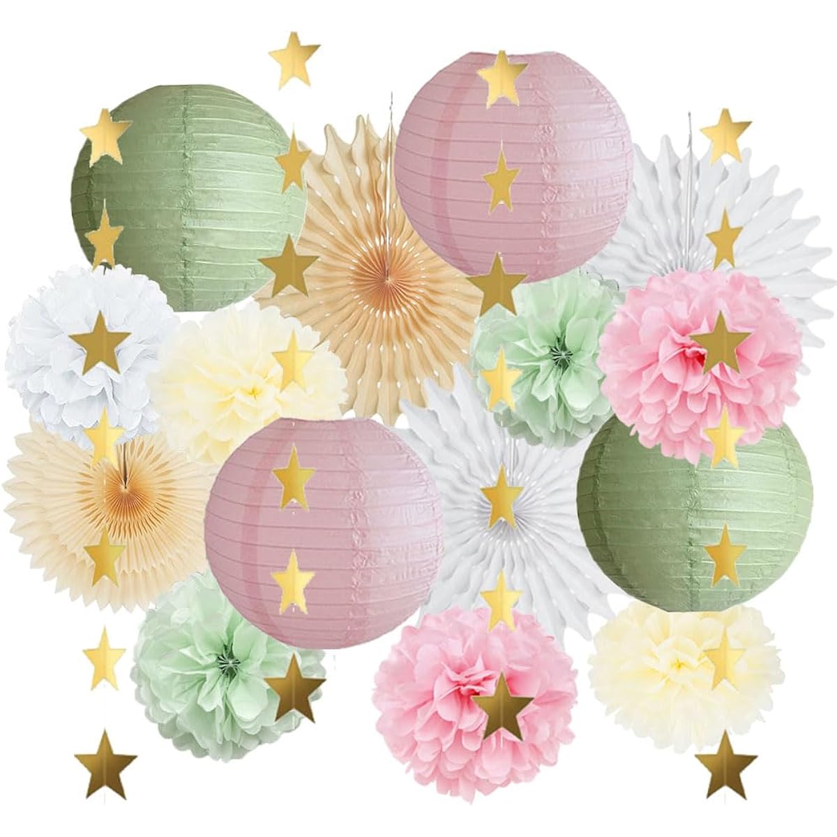 Sage Green Party Decorations Paper Lanterns Decorative Pink Tissue Paper Pom Poms Sage Green and Pink Party Decorations Gold Star Garland for Baby Shower Bridal Shower Birthday Wedding