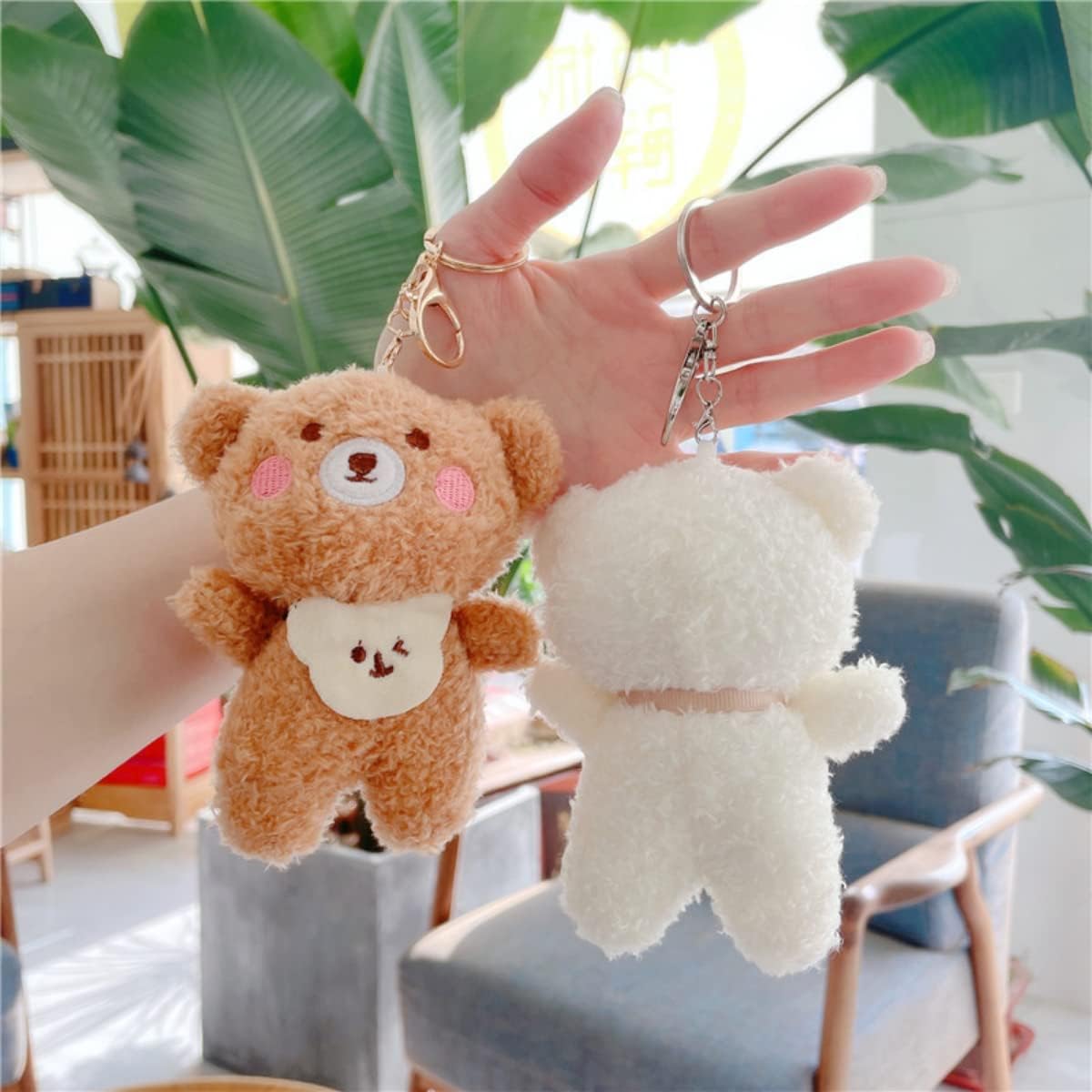 2pcs Cute Plush Bear Keychain Kawaii Fluffy Stuffed Animal Keychain Pendant Fur Wallet Backpack Handbag Charm, Beige, Small