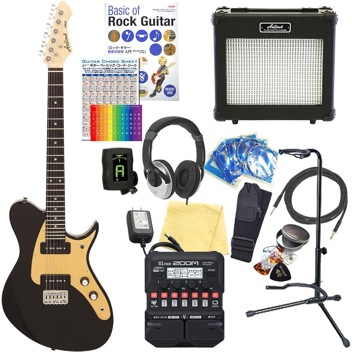 Electric Guitar Beginner Set AriaProII JET BK Aria Jet 18-piece set [ZOOM G1Four multi-effector included]