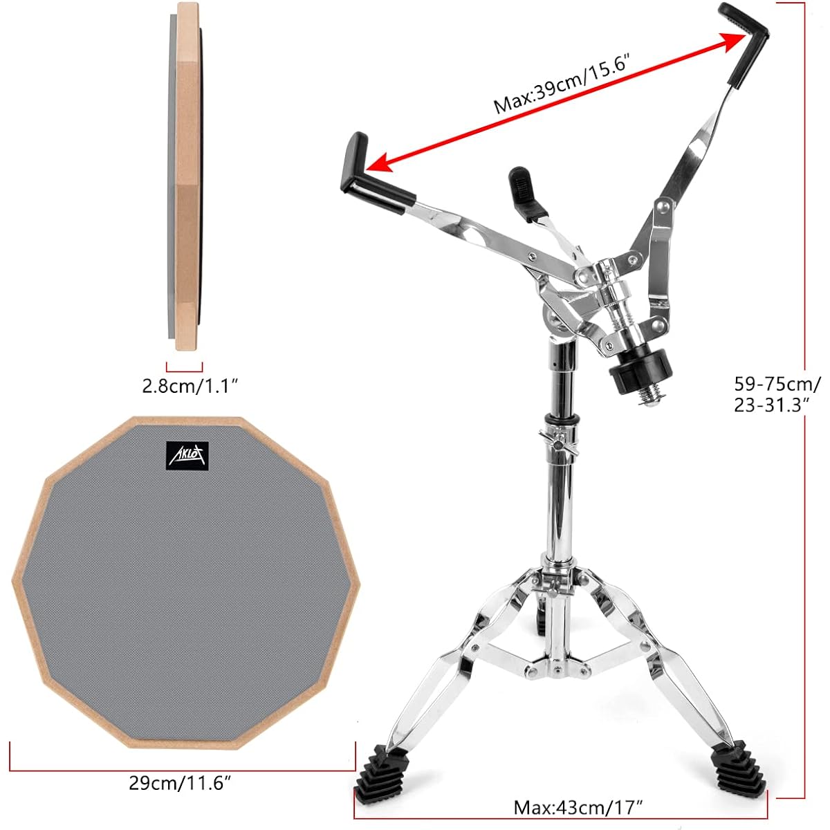 AKLOT Practice Pad 12 Inch Silica Gel Pad Drum Set for Adults and Children with Snare Drum Stand Double Sided Drumstick Bag MI3962-1 Light Gray