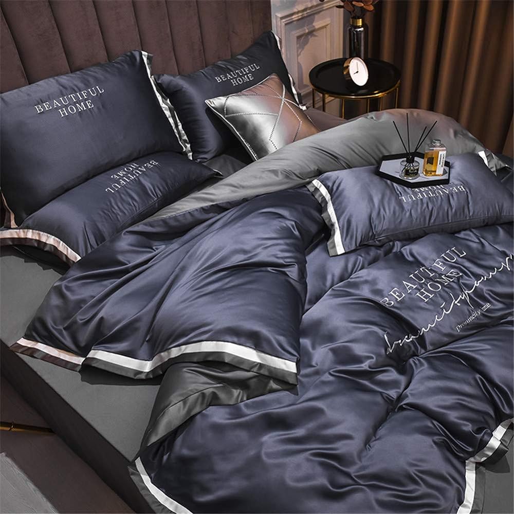 Bedspread, double, 4-piece set, silk-like material, fitted sheet, smooth, duvet cover, cool, 2 pillowcases, embroidered, gentle to the touch