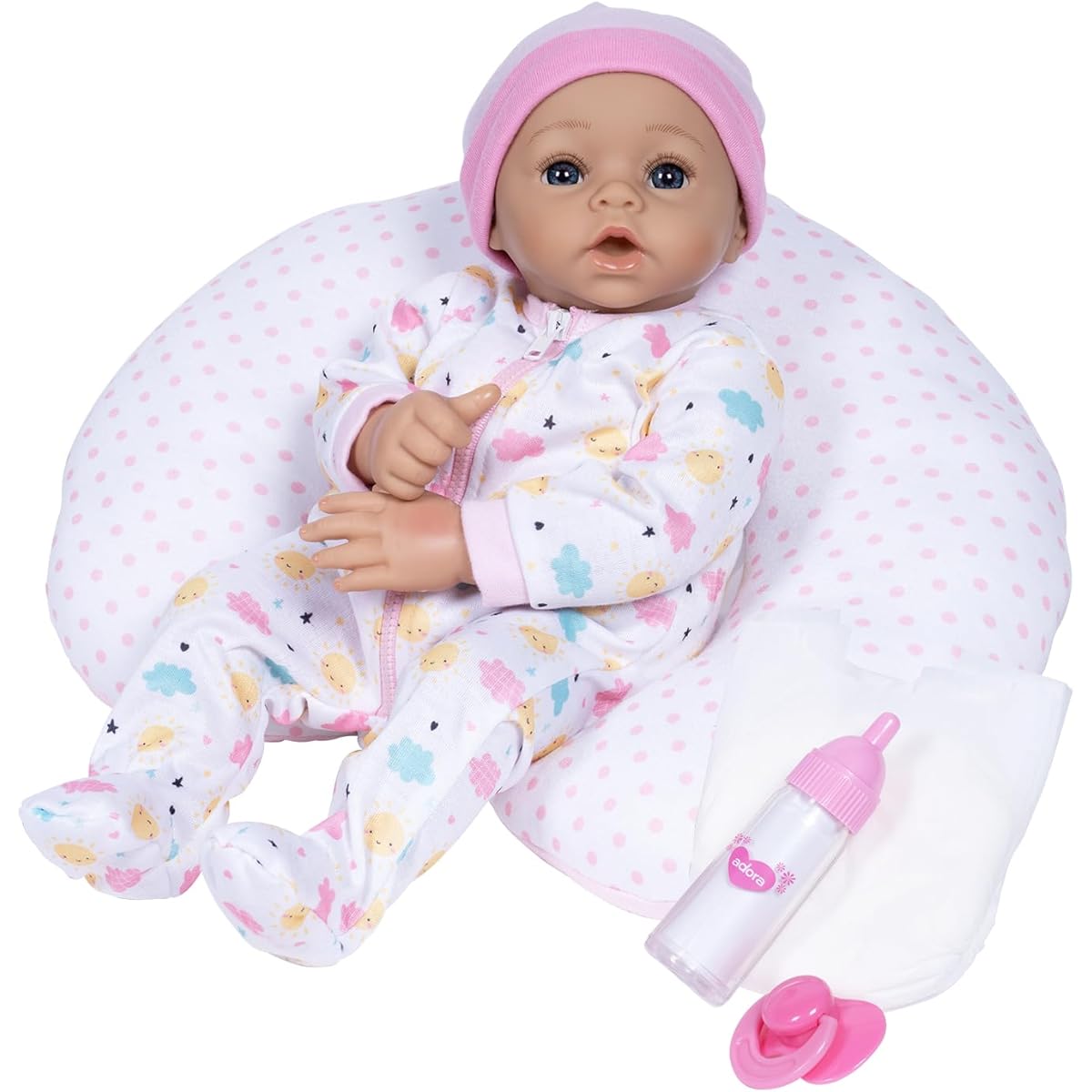 ADORA Sunshine 14 Inch Realistic Doll Nursing Pillow Set, Sun Printed Onesie, Beanie, Pacifier, Nursing Pillow, Diaper, Milk Bottle, Birthday Gift, For Ages 3+