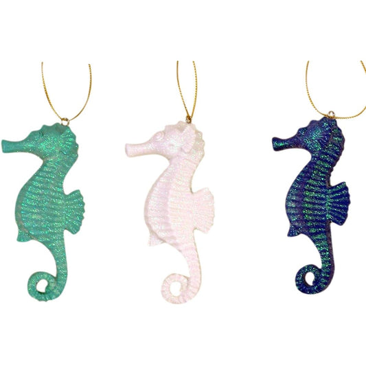 Wowser Assorted Color Glitter Seahorse Hanging Resin Christmas Tree Ornaments Set of 3 4 1/4 Inch
