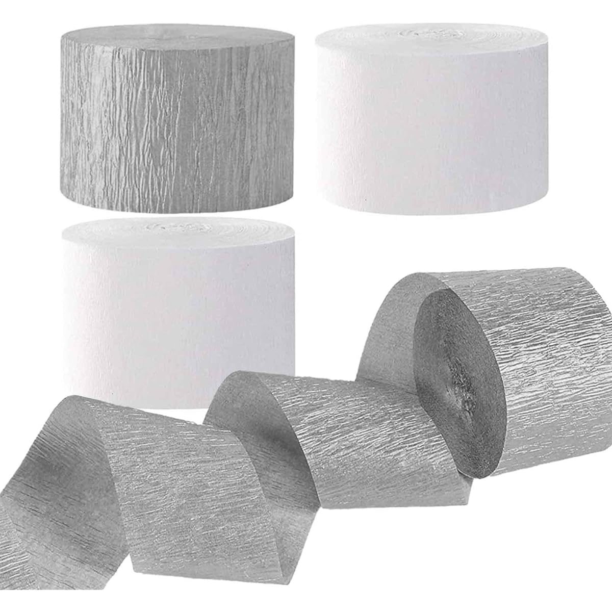 Wedding Crepe Paper Streamers (White and Silver) 1.8" Wide, 6 Rolls Party Streamers Festival Party Decorations, 25m/82ft per Roll for Christmas Party Decorations