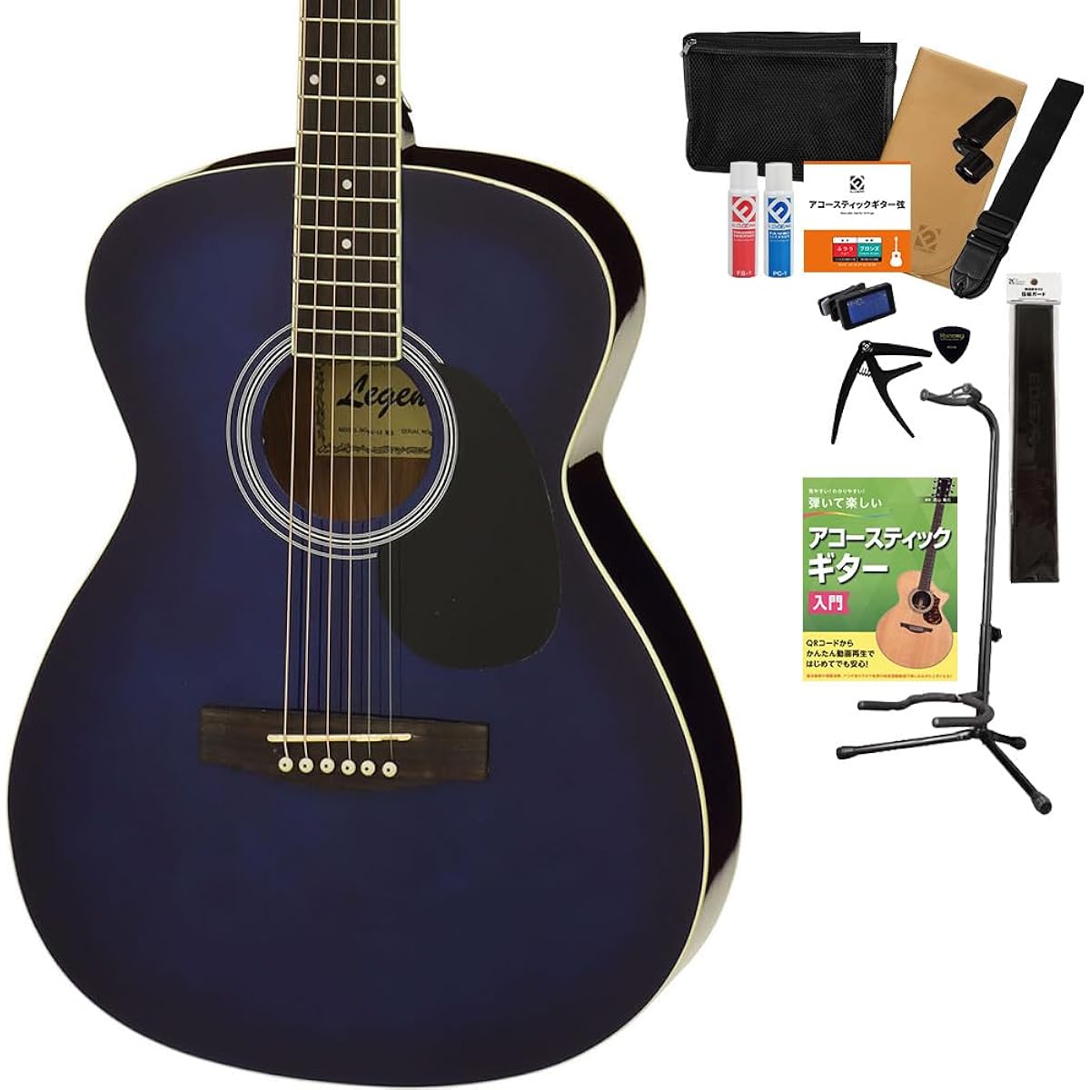 LEGEND FG-15 BLS Acoustic Guitar, 15-piece Select Set with Textbook and Maintenance Supplies, Beginner Set, OOO Size, Legend