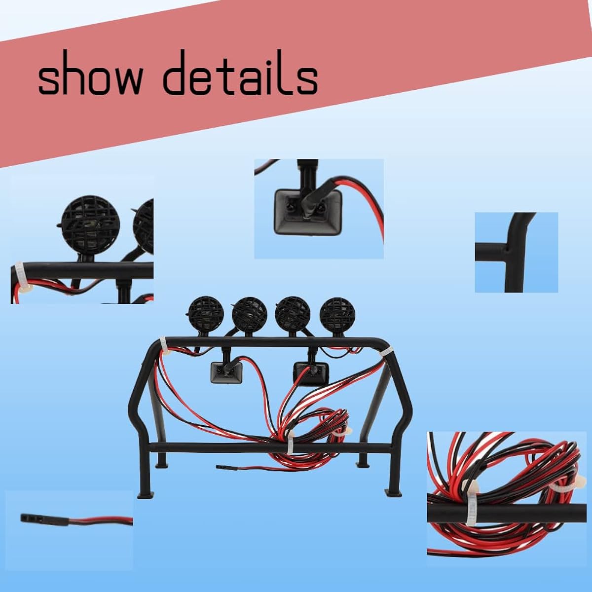 Tbest RC Roll Cage RC Car Metal Roll Cage Bucket with 6 LED Lamps 1/10 RC Vehicle RC Light Bar Roll Bar 1 10 Rc Axial Roll Cage for 1/10 RC Rear Cage
