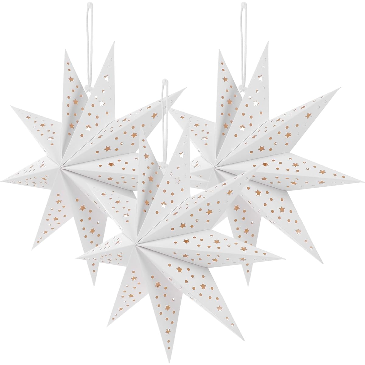 Lurrose 3pcs Christmas Star Lantern Lampshade 9 Pointed Hollow Star Paper Lantern Ceiling Hanging Ornament Wedding Party Christmas Tree Decoration 35cm (White)