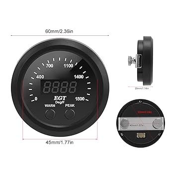 EGT Gauge Kit Automotive Exhaust Gas Thermometer 2‑1/16in 52mm Ultra Thin 0‑1800℉ Red LED Universal EGT Gauge with Sensor