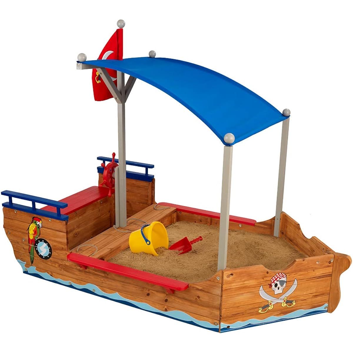 KidKraft Wooden Pirate Sandbox with Canopy, Sandbox for Kids with Cover, Outdoor Furniture, Blue & Red, Ages 3-8
