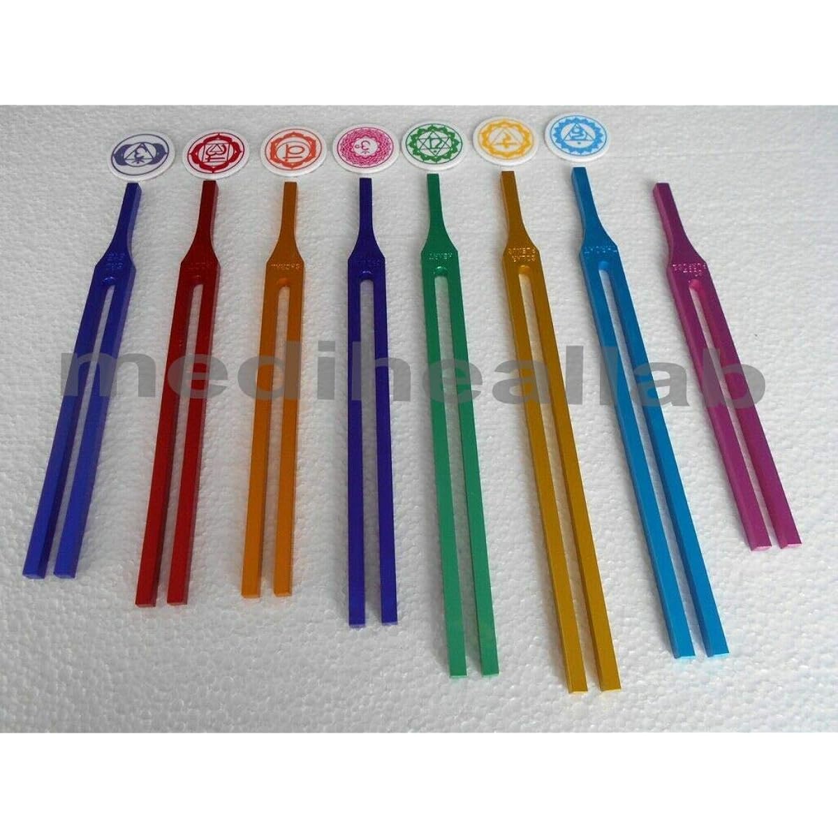 OM Industries 7 Chakra Color Therapy Tuning Fork Chakra Sign + Soul Purpose Free
