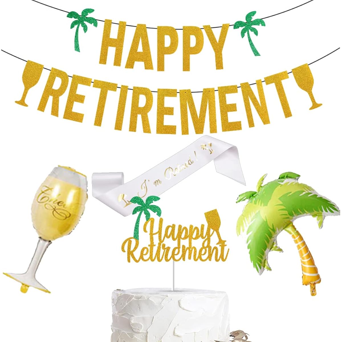 Beach Retirement Party Decorations Happy Retirement Party Banner Happy Retirement Cake Topper Coconut Plum Balloons Wine Goblet Cup Balloons Retirement Party Supplies
