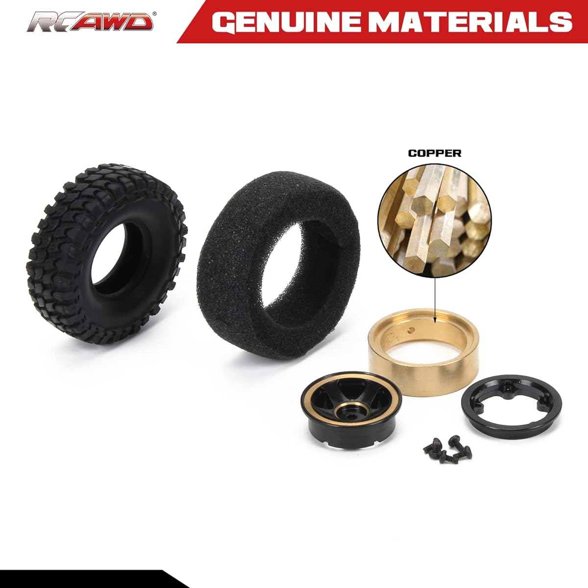 RCAWD 4X Full Brass 1" Beadlock Wheels Tires No Glue Required 62g 1/18 EAZYRC ROC Hobby 1/24 FMS FCX24 Axial SCX24 Upgrade Parts (Black)