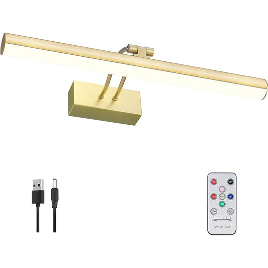 RAIFOOLLY Picture Light, Rechargeable Picture Light for Painting, Remote Control Display, Art Light with Timer and Dimmable Function for Painting, Frame, Portrait, Dartboard, L-Gold