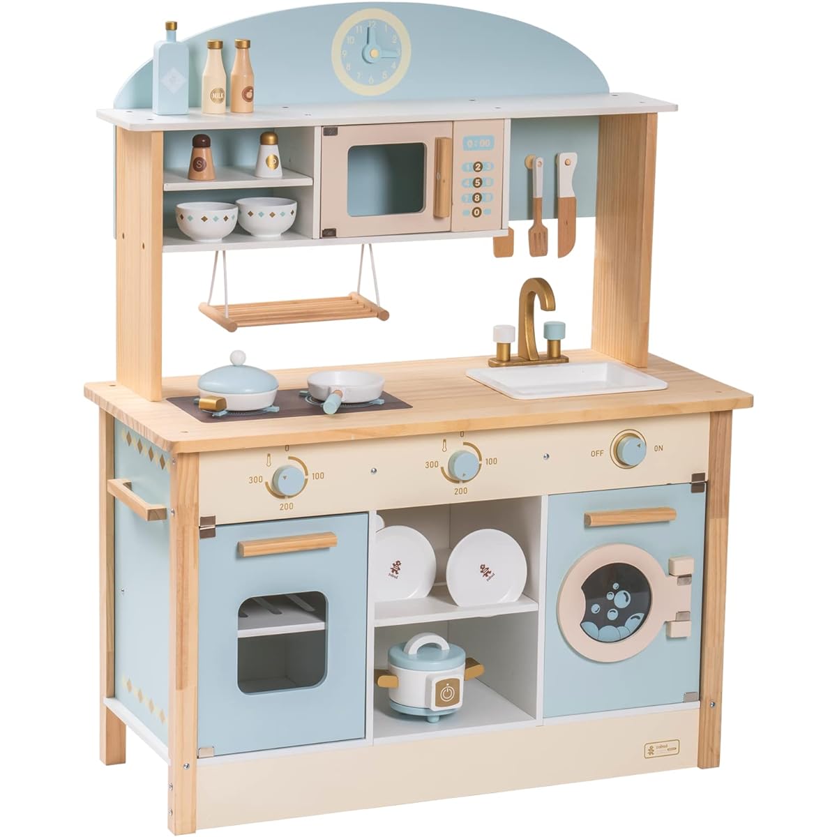 ROBUD Pretend Play Wooden Kitchen Playset with Cooking Utensils, Condiments, Clock, Educational Toys for Kids, Birthdays, Kindergarten Entrance Gifts, Assembly Instructions Included