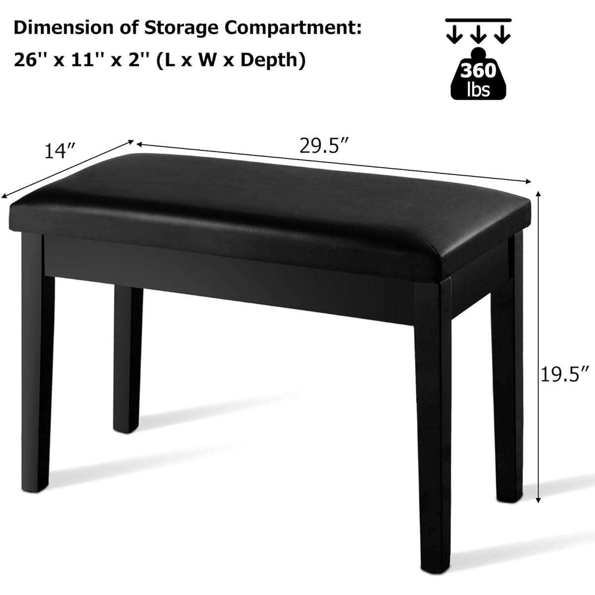 Giantex Piano Bench with Padded Cushion Music Storage Comfortable Double Duet Seat Wooden Legs Perfect for Professional or Home Use PU Leather Piano Stool (Black)