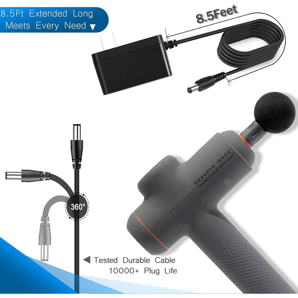 CapzoStone 27V Massage Gun Charger AC Adapter for Sharp Images 1014747 1013983 2437599 1011666 1013002 1012667 1013985 Powerboost Deep Tissue Percussion Muscle Massage Gun Power Cord Supply 8.5ft