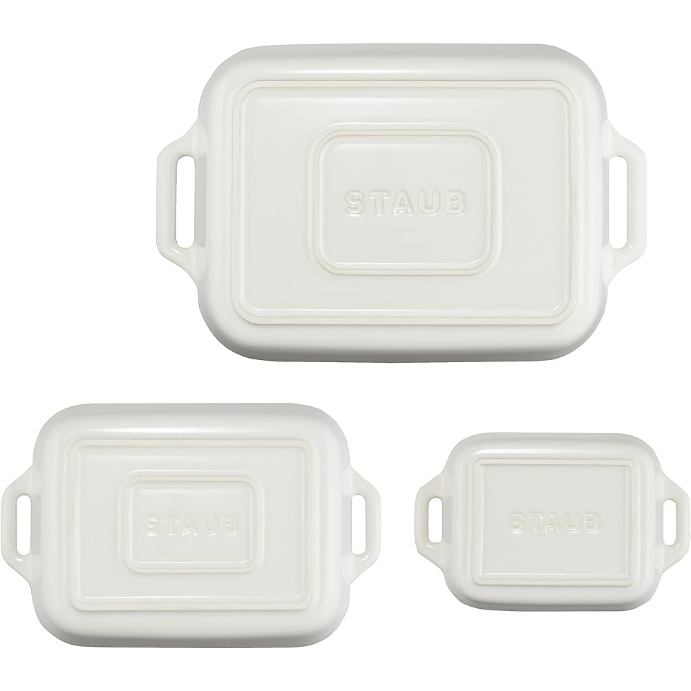 Staub "Rectangular Dish (14 x 11/20 x 16/27 x 20 cm) 3P Set Ivory" Ceramic Set Gratin Dish Oven Microwave Safe [Authorized Japanese Product] Dish 40508-165