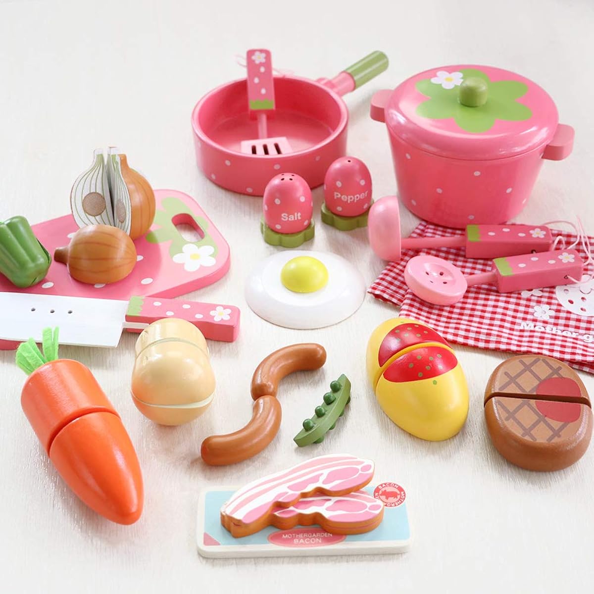 Mother Garden Pretend Play Wooden Kitchen Tools + Food Ingredients [Toy Cooking Utensils 10 Pieces Strawberry Pattern & Pretend Play Food 10 Piece Set] Girls 3 Years Old Pretend Kitchen