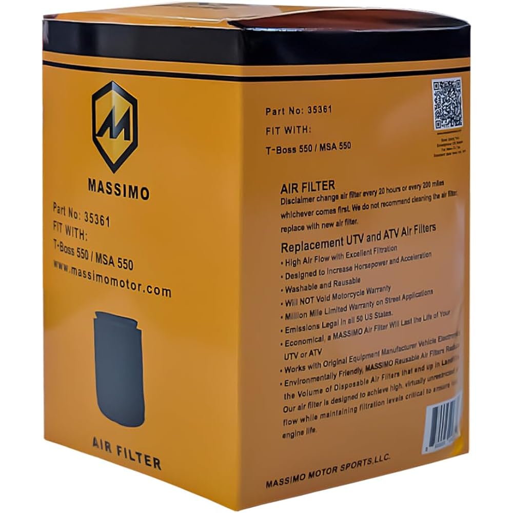 Massimo Air Filter for T-Boss Buck MSU UTV High Flow Washable Reusable Select Model (T-Boss 550 / MSA 550)