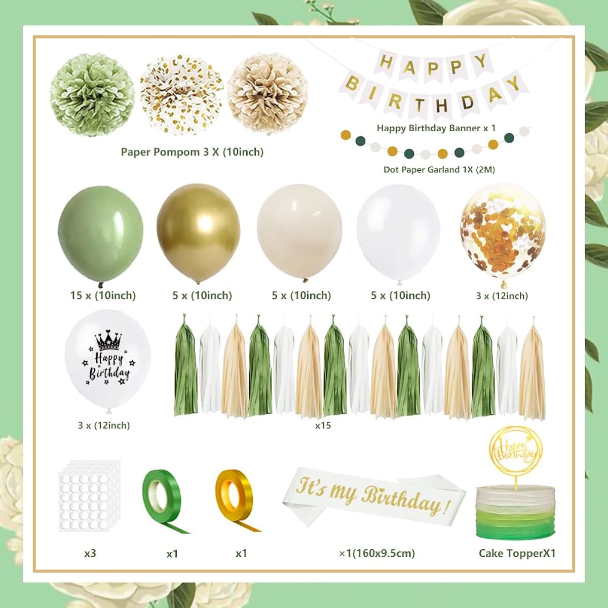 Sage Green Birthday Decorations, Olive Green and White Gold Party Balloons, Happy Birthday Banner, Sash, Circle Dot Garland with Pom Poms and Paper Tassels for Women Men Girls Boys Birthday Decorations