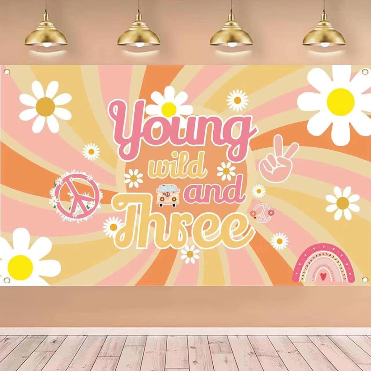 3 Groovy Birthday Decorations Young & Wild 3 Backdrop Banner Retro Hippie Boho Girl 3rd Birthday Party Photo Background Daisy Flower Floral Party 3rd Birthday Supplies Groovy Party