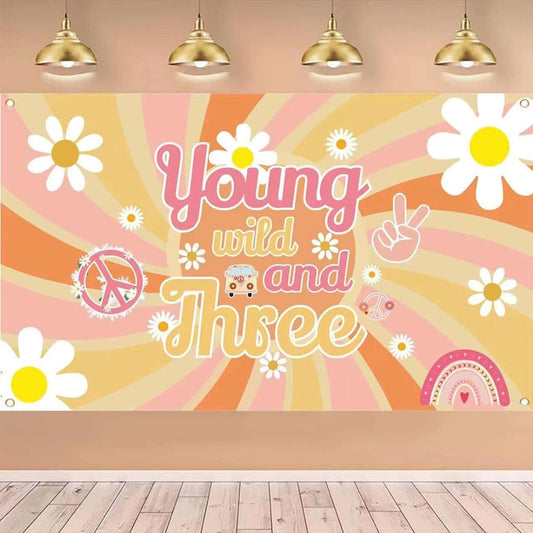 3 Groovy Birthday Decorations Young & Wild 3 Backdrop Banner Retro Hippie Boho Girl 3rd Birthday Party Photo Background Daisy Flower Floral Party 3rd Birthday Supplies Groovy Party