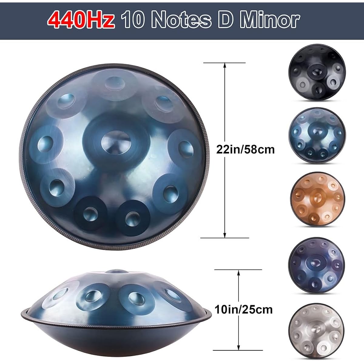 Handpan Percussion Steel Drum D Minor 10 Notes 432Hz/440Hz Handpan Drum with Carry Bag, Durable Stand, Mallets and Dust-Free Cloth (Color: Blue, Size: 440Hz)