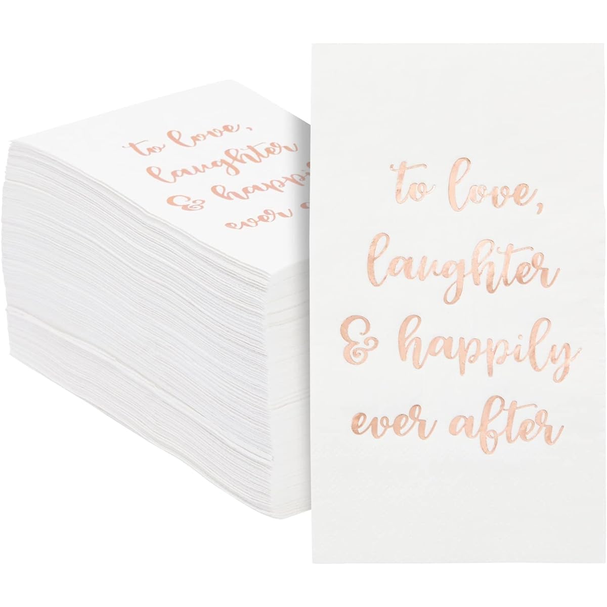 Pack of 100 Wedding Napkins with Gold Foil Lettering To Love Laughter and Happily Ever After, White, 4 x 8 Inches