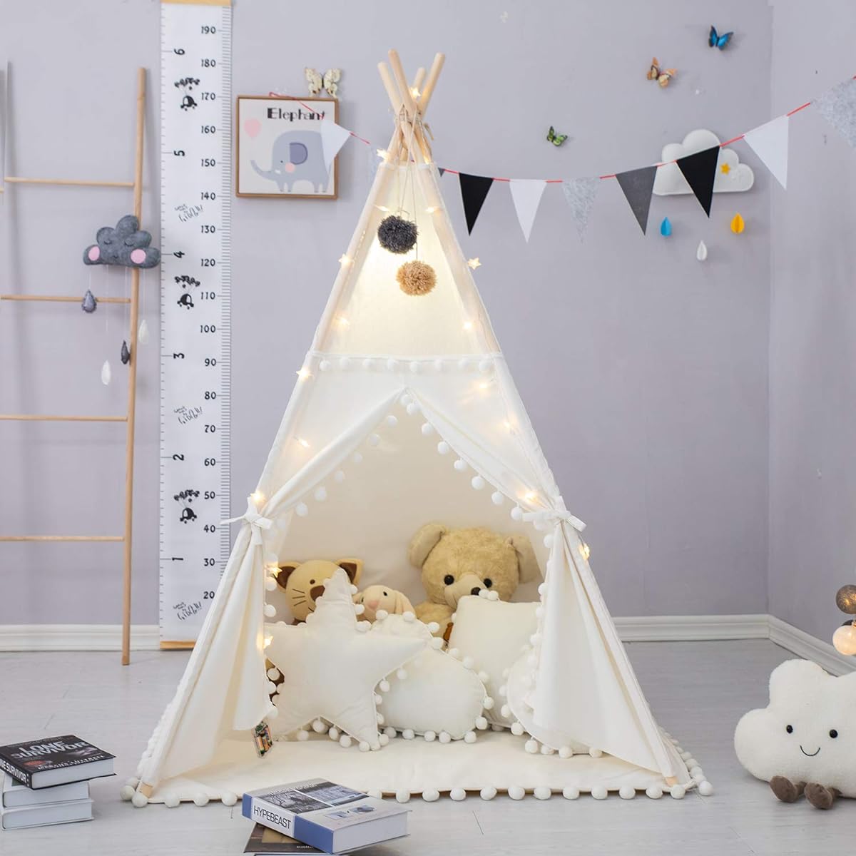 LGMOONYE Foldable Teepee Tent for Kids with Lace and Pompom Ball Design, Includes Floor Mat, Carry Case, Banner, 4 Plans, Classic Cute Kids Play Area for Indoor Outdoor Nursery Decoration