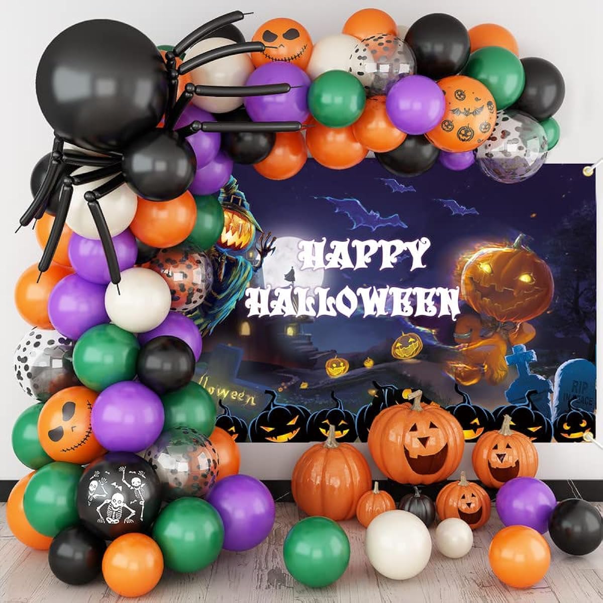 Halloween Balloon Arch Kit,Halloween Party Garland with Happy Halloween Banner,Happy Halloween Balloons,Halloween Indoor Outdoor Decorations,Halloween Party Decorations Supplies