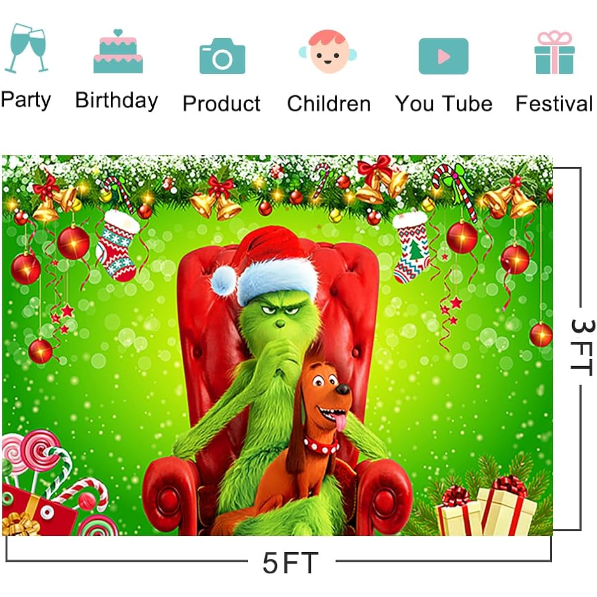 Christmas Background for the Grinch Christmas Theme Party Supplies 5x3ft Christmas Photo Background Grinch and Dog Christmas Banner