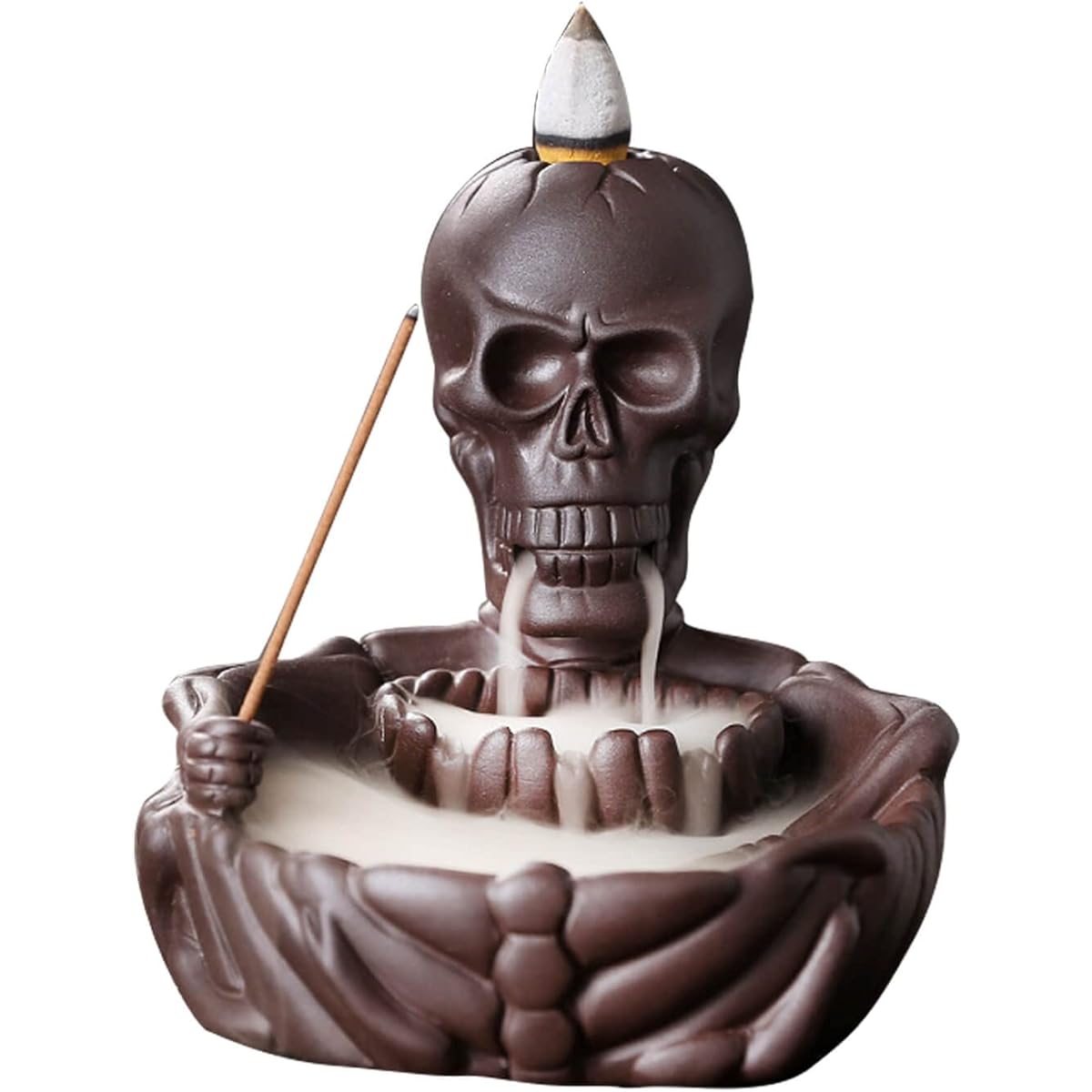 Skull Decor Backflow Incense Burner Waterfall Incense Holder with 20 Cones Ceramic Gothic Smoke Fountain Halloween Christmas Birthday Gift