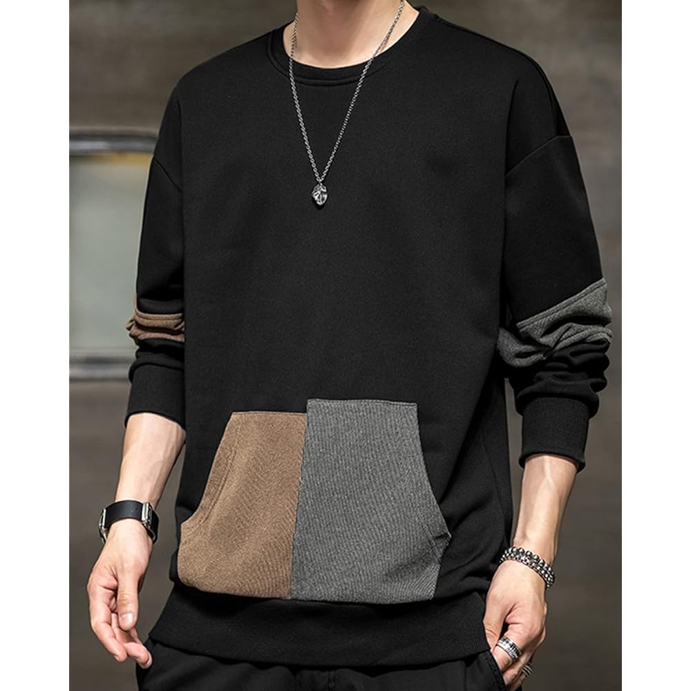 [Bligo] Autumn Sweatshirt T-shirt, Men's, Long Sleeve, Sports, Pullover, Splicing, Stylish, Pockets, Loose, Large Size, Popular, Casual, Fashion, Round Neck, Soft and Comfortable, Spring and Winter Clothes