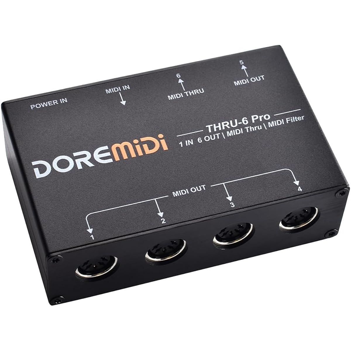 DOREMiDi MIDI THRU-6 Pro Box MIDI Splitter + Filter Used to convert 1 MIDI input to 6 MIDI outputs + USB MIDI output.