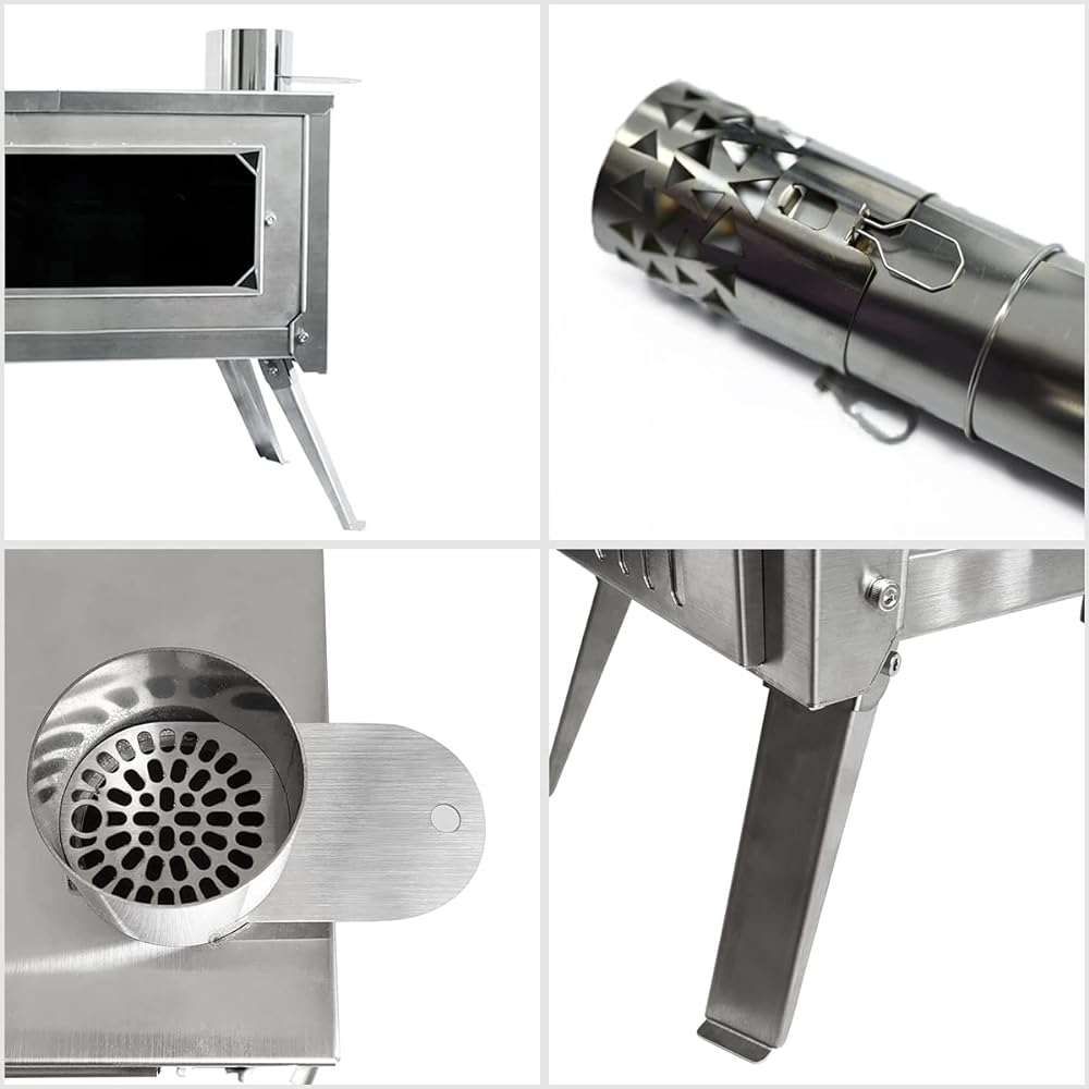 BRÜCKE Foldable Wood Stove for Solo Camping, Easy to Assemble, Compact, Ultra Light, Comes with 2M Chimney, Storage Bag Included, Stainless Steel Stove