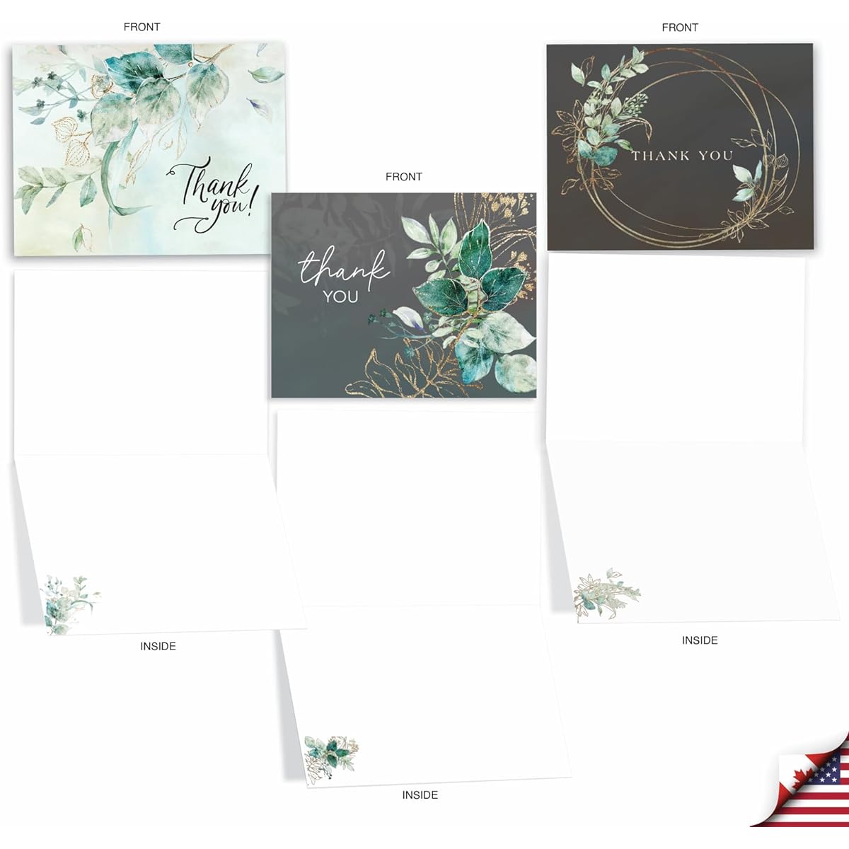The Best Card Company 20 Assorted Blank Thank You Notes Box Set 4 x 5.12 Inch with Envelopes (10 Designs, 2 of Each) Green Thank You AM10313TYB-B2x10