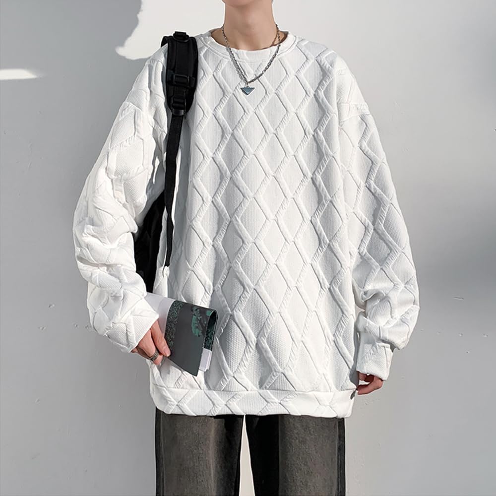 [YEOREO] Men's Sweatshirt, Long Sleeve, Large Size T-Shirt, Autumn, Winter, Plain, Loose Waffle, Stylish, Hoodie, Men's, Popular, Pullover, Round Collar, Spring, Autumn, Winter