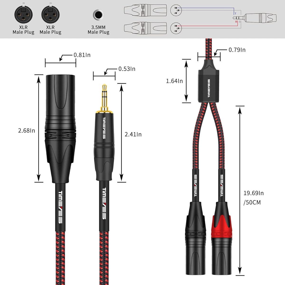 TIMEYES 3.5mm 1/8" to XLR Audio Y Cable - 1/8" 3.5mm Male to Dual XLR Male Breakout Cable - 3.5mm - 2 x XLR 3 Pin Unbalanced Microphone Adapter Cable Cord 10ft/3m