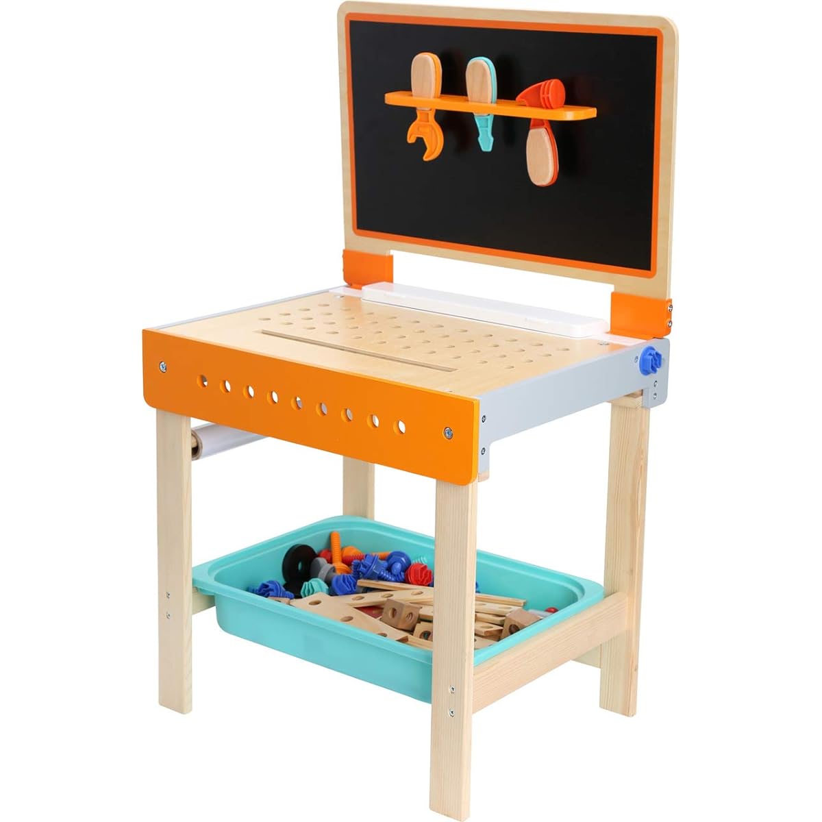 Small footed wooden toy 2-in-1 workbench, provides enough space for tools such as hammer, screwdriver, co, etc., foldable backboard acts as a painting table, multi-purpose (including paper rolls and pencil box) 10603)