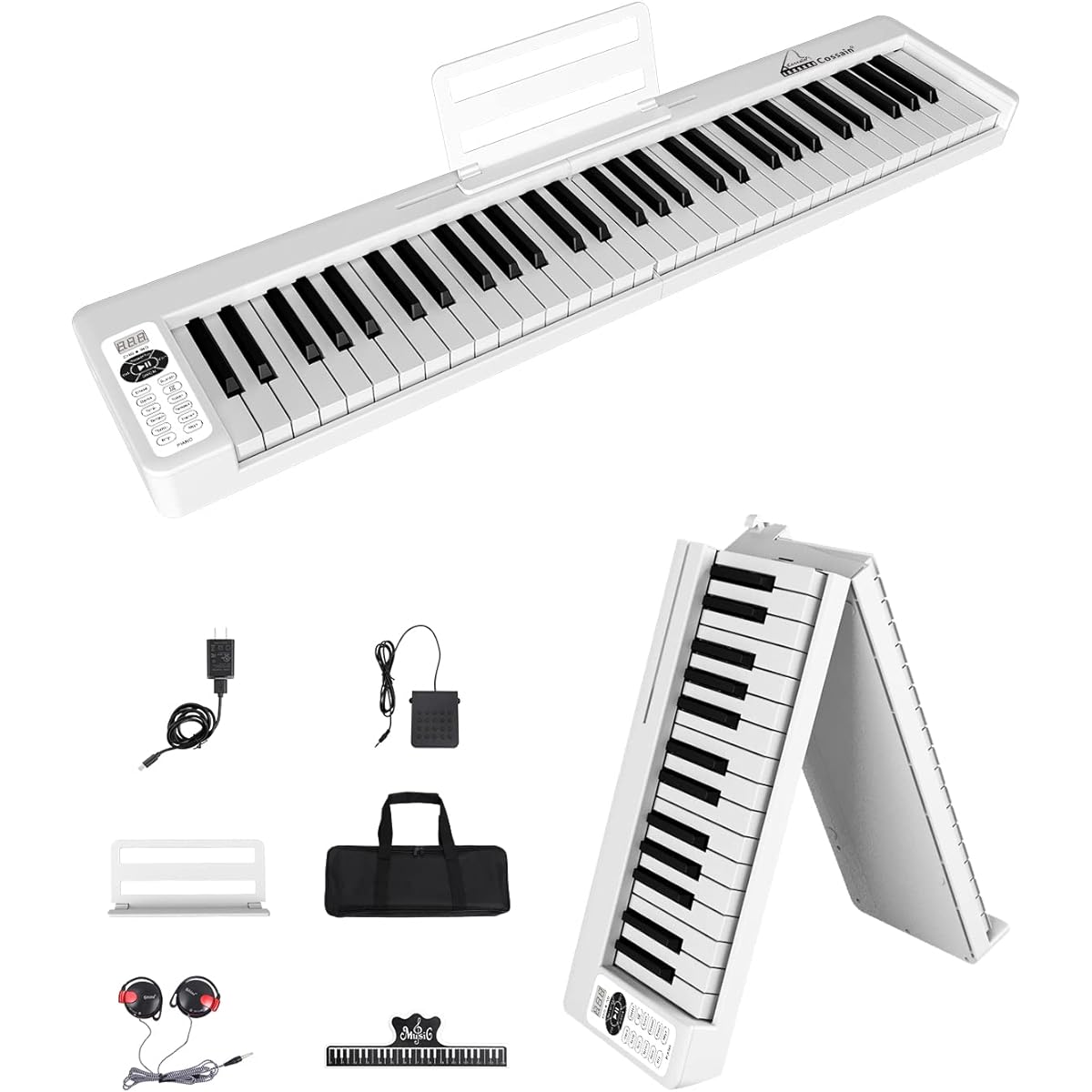 Electronic piano, 61 keys, foldable and portable, semi-weighted keyboard, 128 tones, 128 rhythms, dual Bluetooth function, midi compatible, built-in battery, pedal, headphones, bag (white, compact)