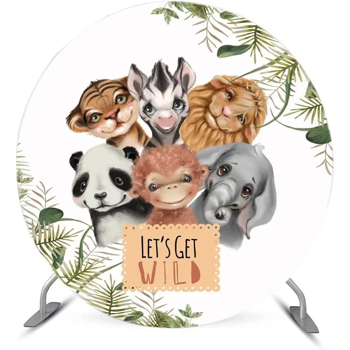 ittsmnt Floral Zoo Animals Round Backdrop Cover Let's get Wild Jungle Safari Party Round Cover Background Birthday Decoration Photo Photo Booth Circle Round Banner 8ft Diameter NO55