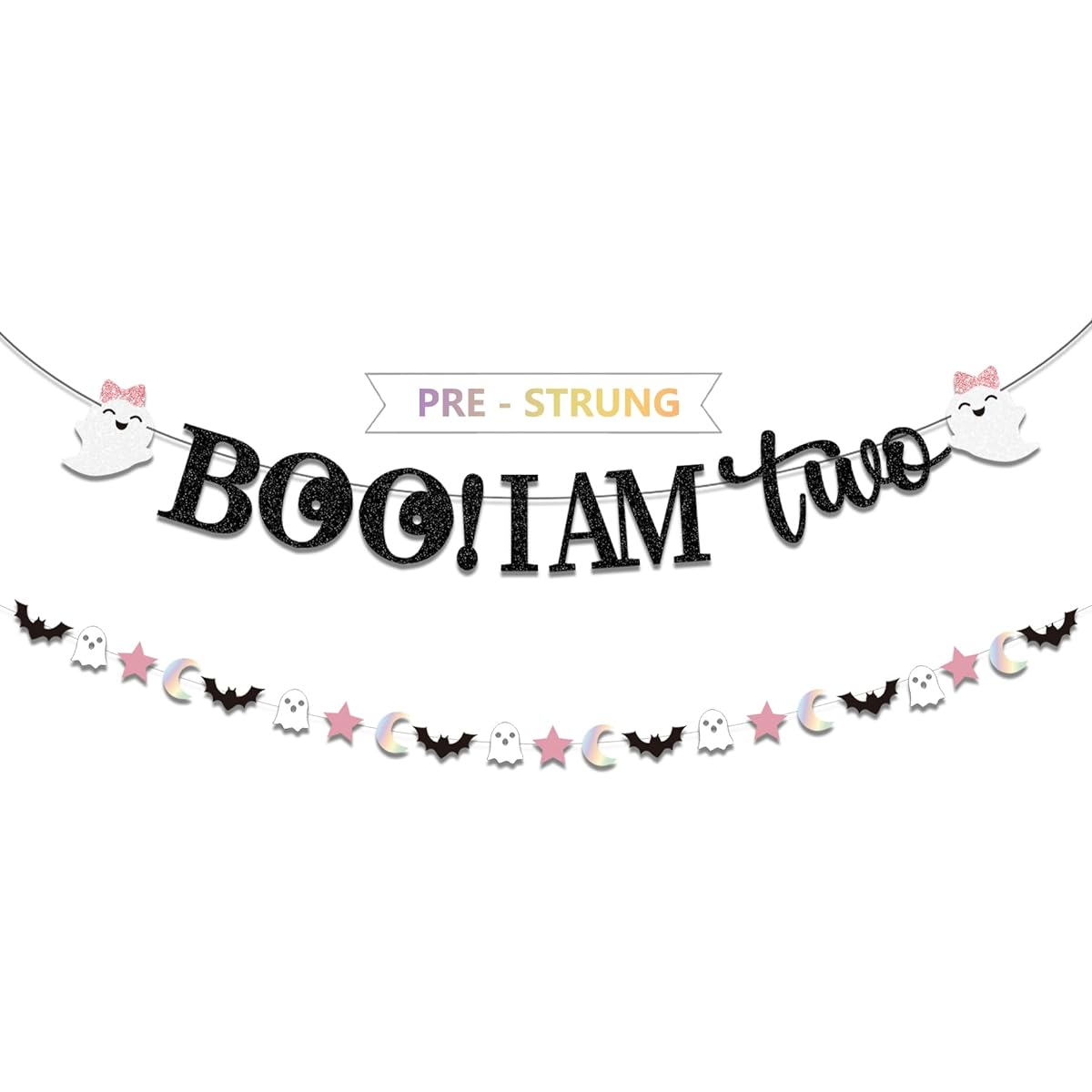 Gutted Boo I'm Two Halloween Banner Ghost Bat Moon Star Garland Pink Black Glitter - Halloween 2nd Birthday Party Supplies for Girls Here for the Boos Baby Shower Decorations